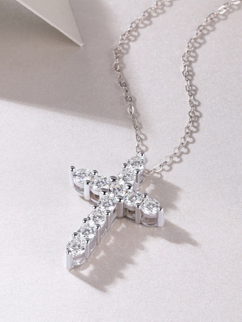 Moissanite Cross Pendant Necklace in 925 Sterling Silver