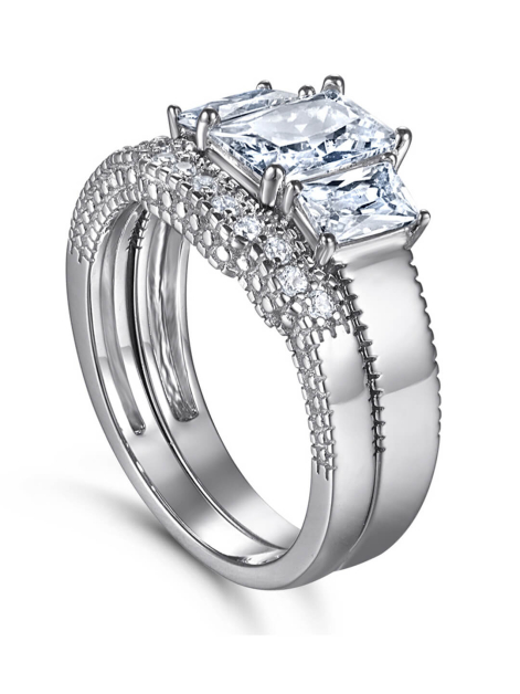 Three Stone Radiant Cut Moissanite Ring Set