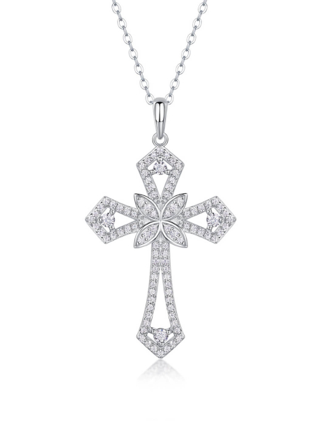 Moissanite Cross Pendant Necklace in 14K Gold Plating 