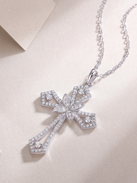 Moissanite Cross Pendant Necklace in 14K Gold Plating 