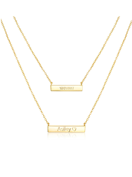 14K Gold Plated Double Bar Engraved Layered Necklace