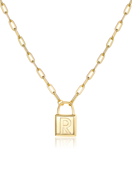 14K Gold Plated Engravable Lock Chain Necklace For Women